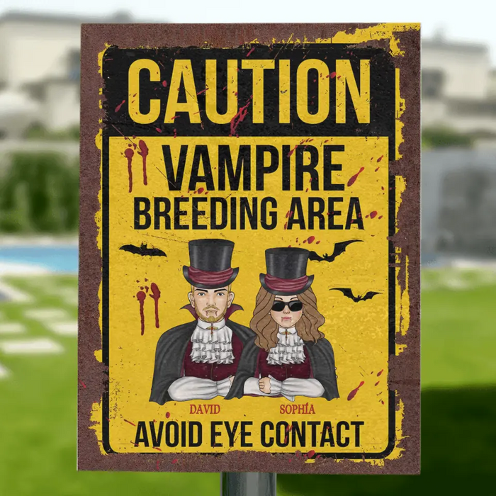 Custom Personalized Vampire Metal sign - Funny Gift Idea For Couple/ Family - Upto 2 Kids - Caution Vampire Breeding Area Avoid Eye Contact