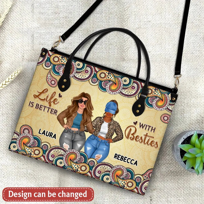 Custom Personalized Besties PU Leather Handbag with Long Straps - Gift Idea For Friends/ Besties/ Birthday - Life Is Better With Besties