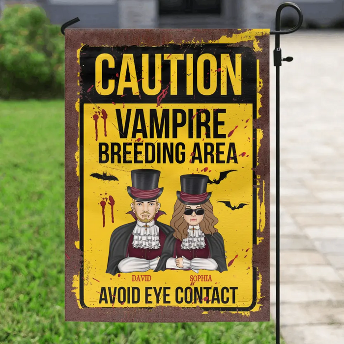 Custom Personalized Vampire Flag sign - Funny Gift Idea For Couple/ Family - Upto 2 Kids - Caution Vampire Breeding Area Avoid Eye Contact