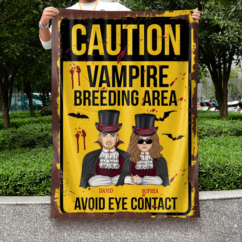 Personalized Vampire Flag sign - Funny Gift Idea For Couple/Family - Up to 2 Kids - Caution Vampire Breeding Area Avoid Eye Contact