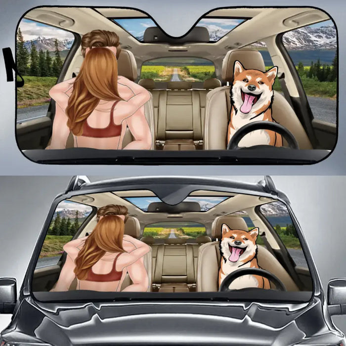 Custom Personalized Photo Dog Driving Family Together Auto Windshield Sunshade - Gift Idea For Couple/ Dog Lover