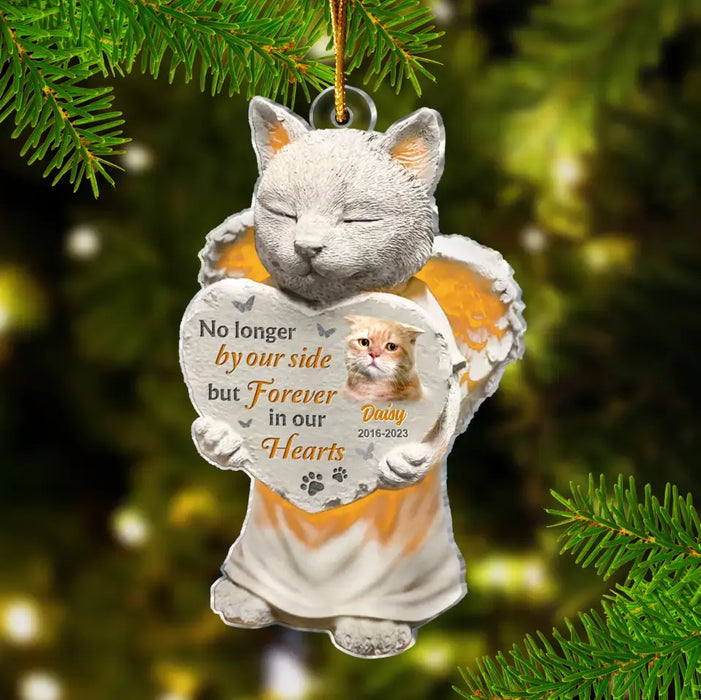 No Longer By Our Side But Forever In Our Hearts - Custom Personalized Memorial Acrylic Car Ornament - Memorial Gift Idea For Christmas/ Cat Owner - Upload Cat Photo