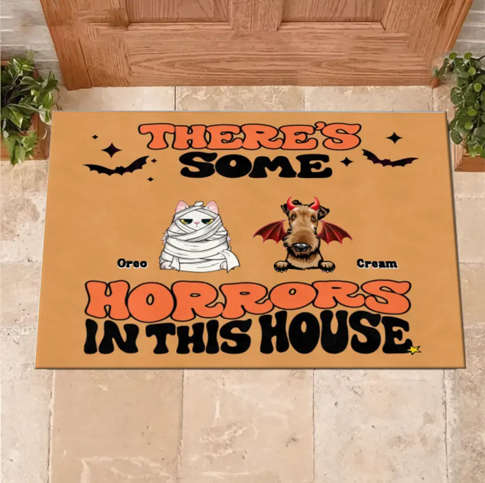 Custom Personalized Halloween Pets Doormat - Gift Idea For Family/ Pet Lover - Upto 7 Dogs/ Cats - There's Some Horrors In This House