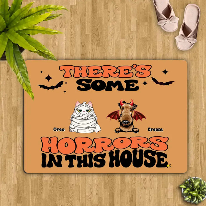 Custom Personalized Halloween Pets Doormat - Gift Idea For Family/ Pet Lover - Upto 7 Dogs/ Cats - There's Some Horrors In This House