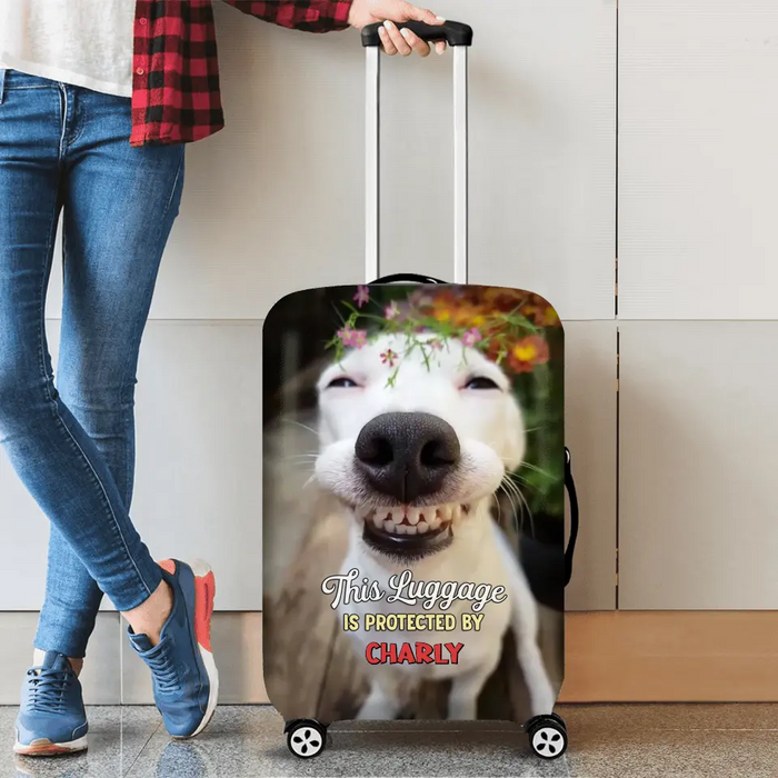 Custom Personalized Funny Dog Suitcase Luggage Cover - Upload Photo - Gift Idea For Dog Lover/ Travel Lovers - This Luggage Is Protected By