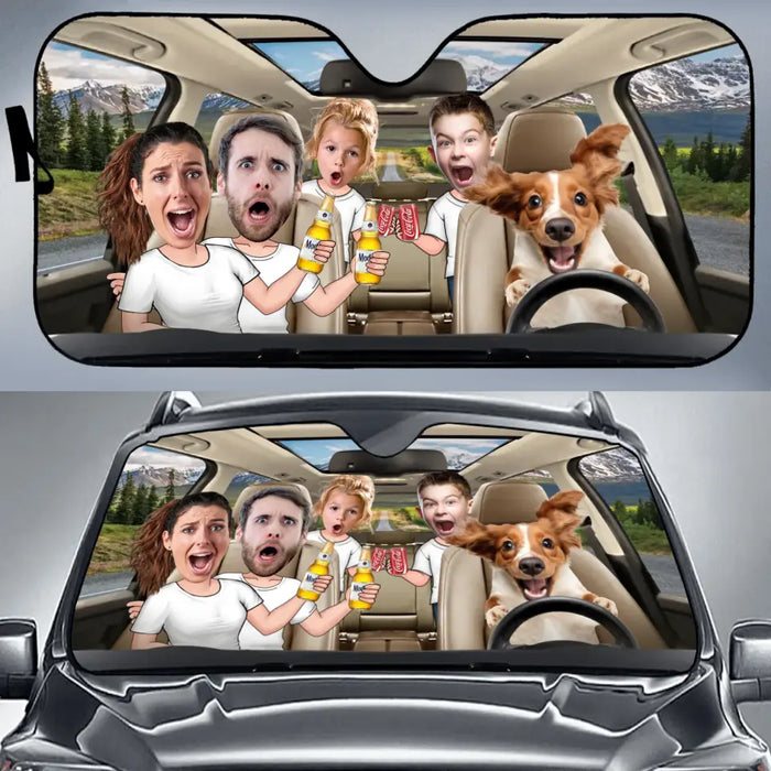 Custom Personalized Photo Dog Driving Family Together Auto Windshield Sunshade - Couple With Kids And Dog- Gift Idea For Family/ Couple/ Dog Lover