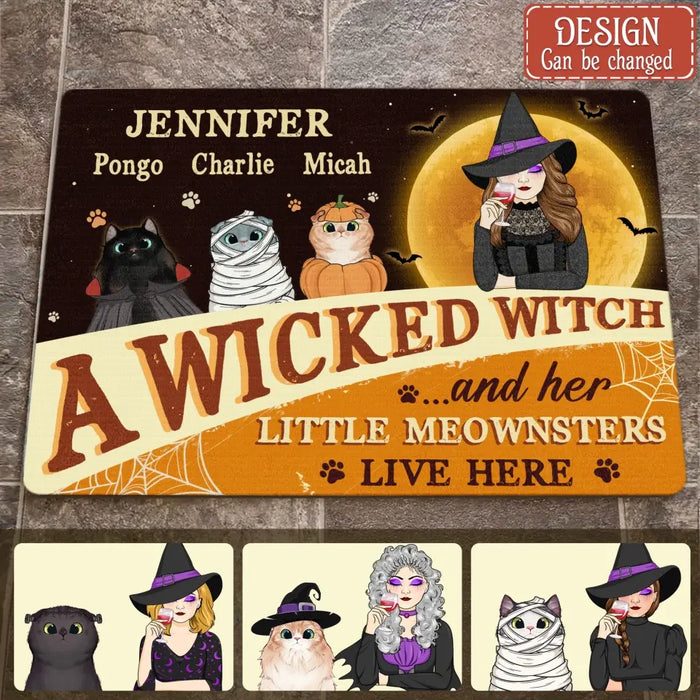 Custom Personalized Halloween Witch Cat Doormat - Gift Idea For Family/ Pet Lover - Upto 7 Cats - A Wicked Witch And Her Little Meownsters Live Here