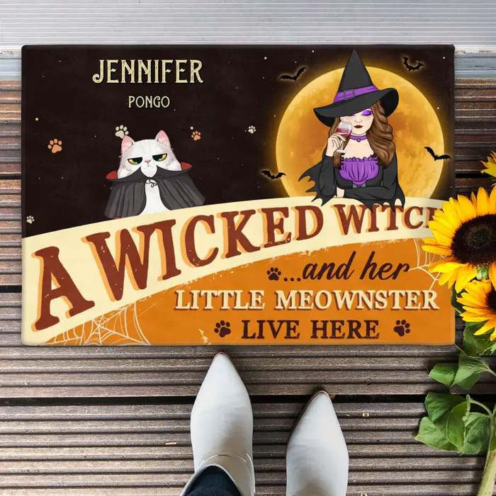 Custom Personalized Halloween Witch Cat Doormat - Gift Idea For Family/ Pet Lover - Upto 7 Cats - A Wicked Witch And Her Little Meownsters Live Here