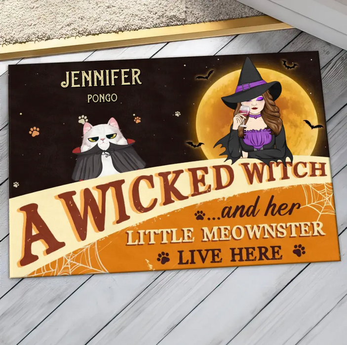 Custom Personalized Halloween Witch Cat Doormat - Gift Idea For Family/ Pet Lover - Upto 7 Cats - A Wicked Witch And Her Little Meownsters Live Here