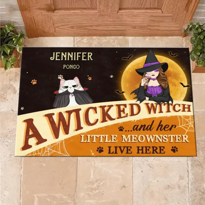 Custom Personalized Halloween Witch Cat Doormat - Gift Idea For Family/ Pet Lover - Upto 7 Cats - A Wicked Witch And Her Little Meownsters Live Here