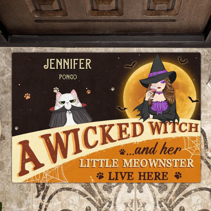 Custom Personalized Halloween Witch Cat Doormat - Gift Idea For Family/ Pet Lover - Upto 7 Cats - A Wicked Witch And Her Little Meownsters Live Here