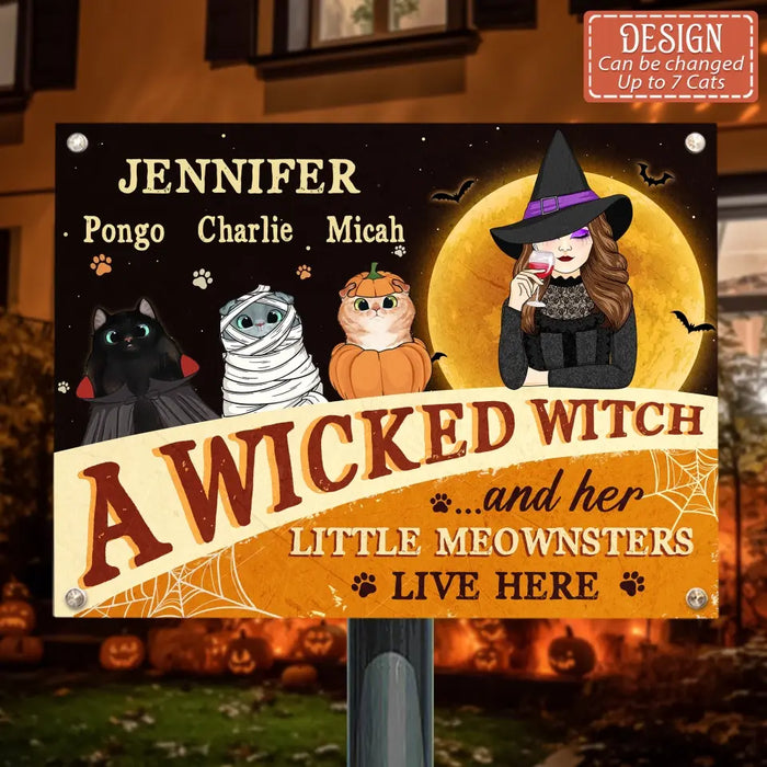 Custom Personalized Halloween Witch Cat Metal Sign - Gift Idea For Family/ Pet Lover - Upto 7 Cats - A Wicked Witch And Her Little Meownsters Live Here