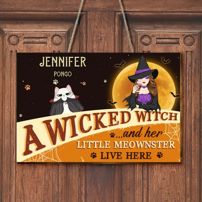 Custom Personalized Halloween Witch Cat Wooden Sign - Gift Idea For Family/ Pet Lover - Upto 7 Cats - A Wicked Witch And Her Little Meownsters Live Here