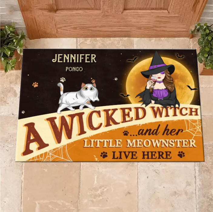 Custom Personalized Halloween Witch Cats Doormat - Gift Idea For Family/ Pet Lover - Upto 6 Cats - A Wicked Witch And Her Little Meownsters Live Here