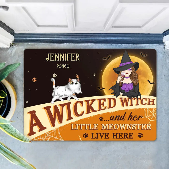 Custom Personalized Halloween Witch Cats Doormat - Gift Idea For Family/ Pet Lover - Upto 6 Cats - A Wicked Witch And Her Little Meownsters Live Here