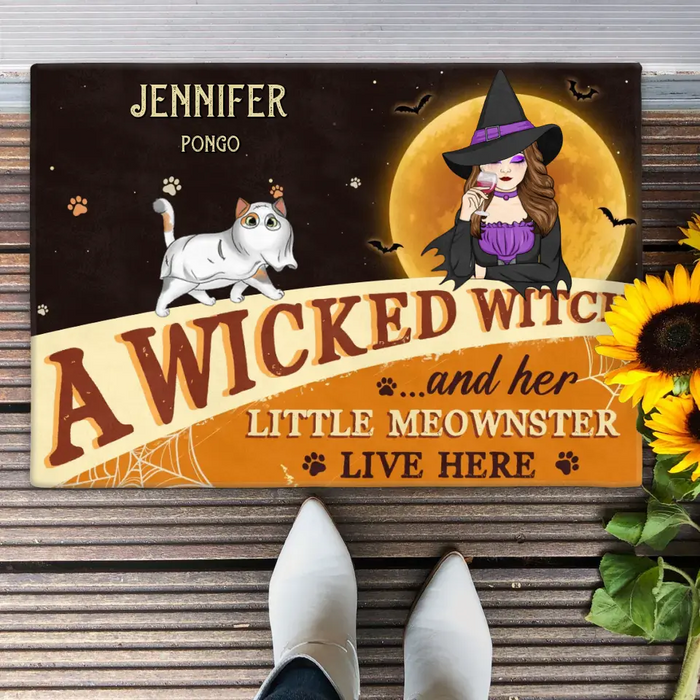 Custom Personalized Halloween Witch Cats Doormat - Gift Idea For Family/ Pet Lover - Upto 6 Cats - A Wicked Witch And Her Little Meownsters Live Here