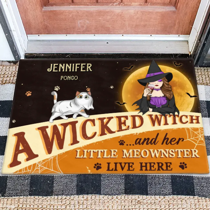 Custom Personalized Halloween Witch Cats Doormat - Gift Idea For Family/ Pet Lover - Upto 6 Cats - A Wicked Witch And Her Little Meownsters Live Here