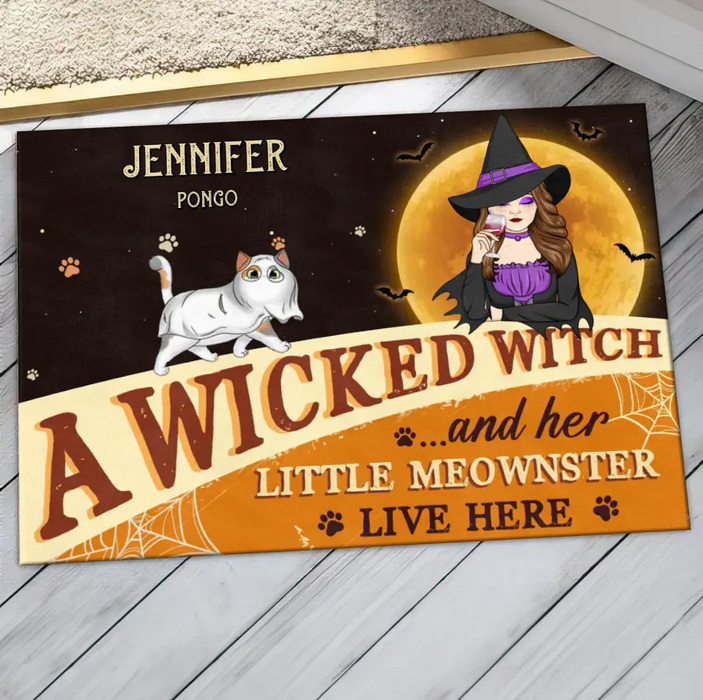 Custom Personalized Halloween Witch Cats Doormat - Gift Idea For Family/ Pet Lover - Upto 6 Cats - A Wicked Witch And Her Little Meownsters Live Here