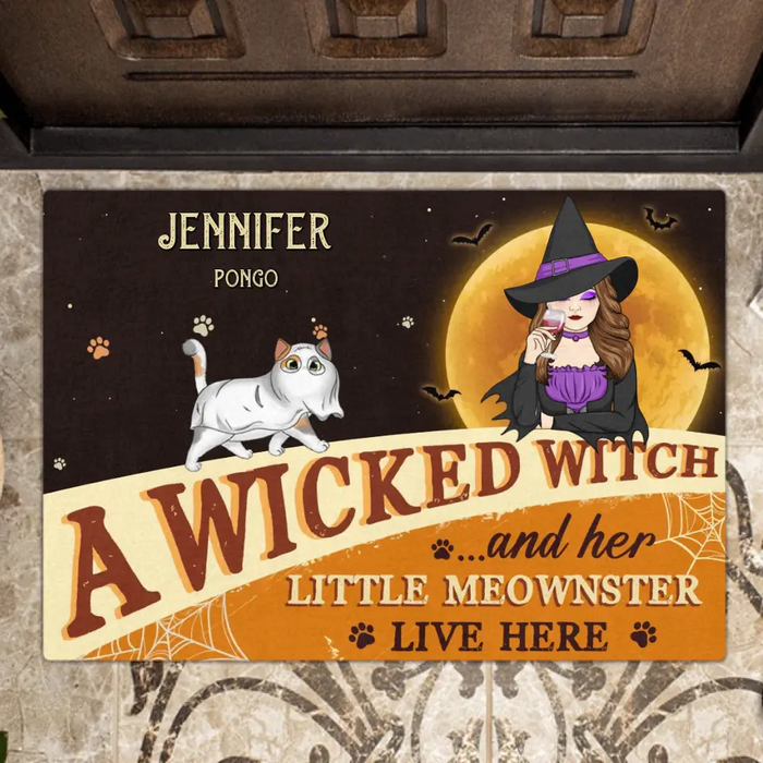 Custom Personalized Halloween Witch Cats Doormat - Gift Idea For Family/ Pet Lover - Upto 6 Cats - A Wicked Witch And Her Little Meownsters Live Here