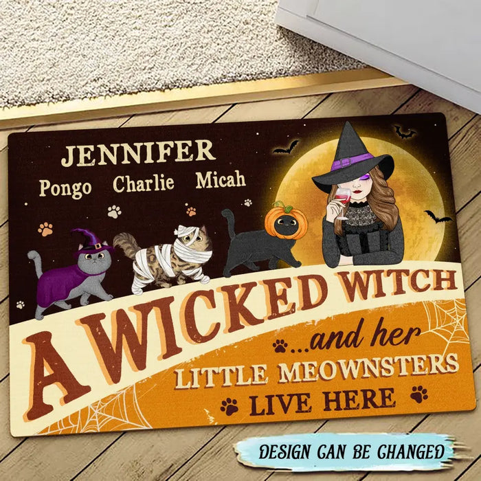 Custom Personalized Halloween Witch Cats Doormat - Gift Idea For Family/ Pet Lover - Upto 6 Cats - A Wicked Witch And Her Little Meownsters Live Here