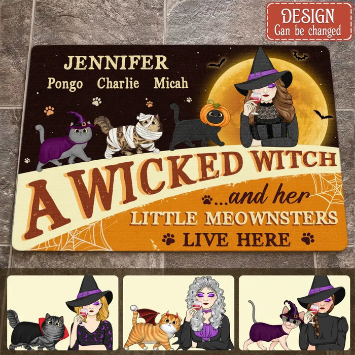 Custom Personalized Halloween Witch Cats Doormat - Gift Idea For Family/ Pet Lover - Upto 6 Cats - A Wicked Witch And Her Little Meownsters Live Here