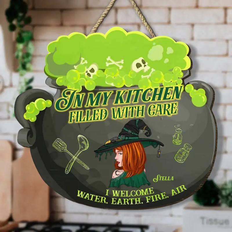 Personalized Witch Wooden Sign - Halloween Gift Idea For Witch/Pagan Decor - In My Kitchen Filled With Care I Welcome Water, Earth, Fire, Air