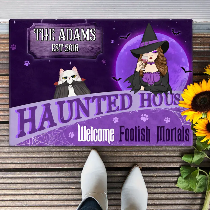 Custom Personalized Witch Cat Doormat - Halloween Gift Idea For Family/ Pet Lover - Upto 7 Cats - Haunted House Welcome Foolish Mortals