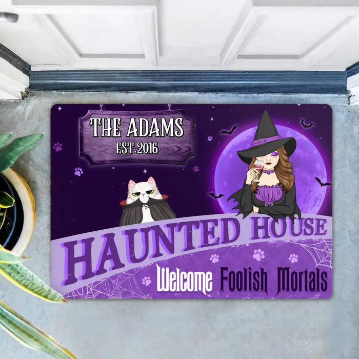 Custom Personalized Witch Cat Doormat - Halloween Gift Idea For Family/ Pet Lover - Upto 7 Cats - Haunted House Welcome Foolish Mortals