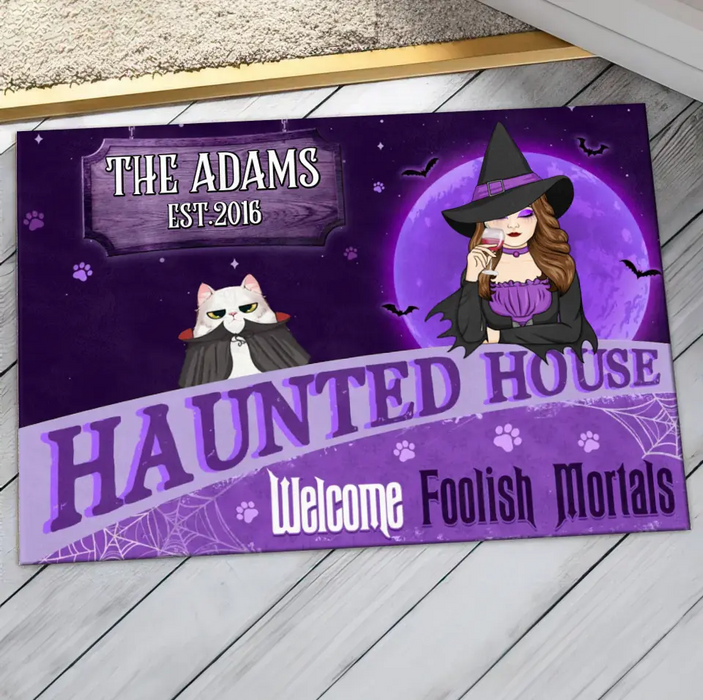 Custom Personalized Witch Cat Doormat - Halloween Gift Idea For Family/ Pet Lover - Upto 7 Cats - Haunted House Welcome Foolish Mortals