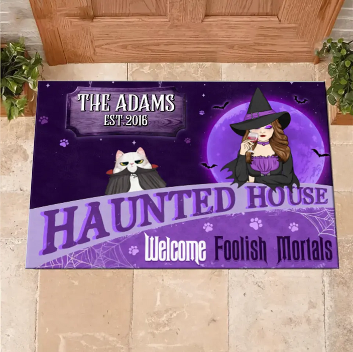 Custom Personalized Witch Cat Doormat - Halloween Gift Idea For Family/ Pet Lover - Upto 7 Cats - Haunted House Welcome Foolish Mortals