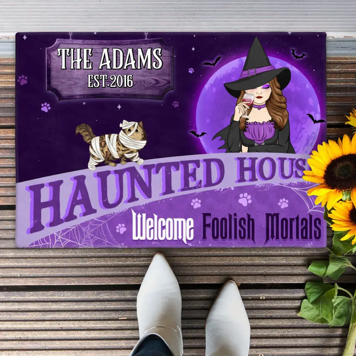 Custom Personalized Witch Cat Doormat - Halloween Gift Idea For Family/ Cat Lover - Upto 6 Cats - Haunted House Welcome Foolish Mortals