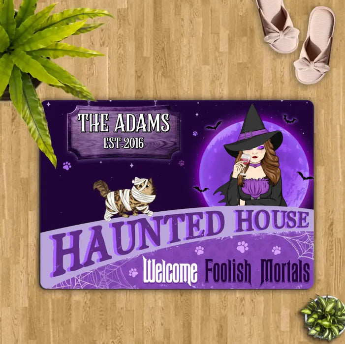 Custom Personalized Witch Cat Doormat - Halloween Gift Idea For Family/ Cat Lover - Upto 6 Cats - Haunted House Welcome Foolish Mortals