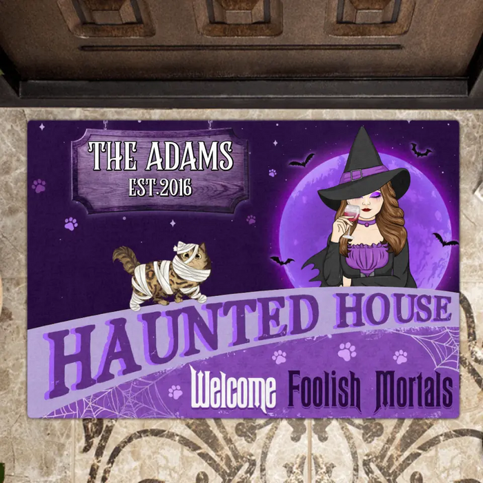 Custom Personalized Witch Cat Doormat - Halloween Gift Idea For Family/ Cat Lover - Upto 6 Cats - Haunted House Welcome Foolish Mortals