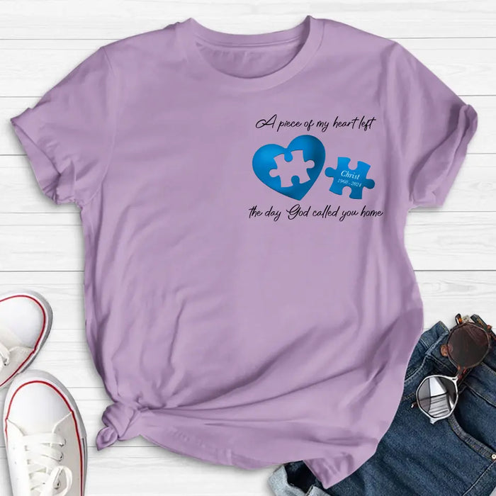 Custom Personalized Memorial Shirt/Hoodie - Memorial Gift Idea for Mother's Day/Father's Day - A Piece Of My Heart Left The Day God Called You Home