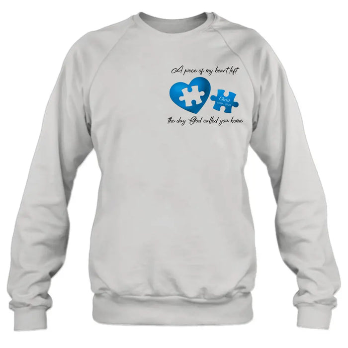 Custom Personalized Memorial Shirt/Hoodie - Memorial Gift Idea for Mother's Day/Father's Day - A Piece Of My Heart Left The Day God Called You Home