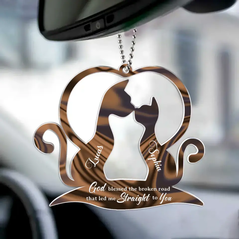 Personalized Couple Acrylic Ornament - Gift Idea For Couple/Cat Lover - God Blessed The Broken Road That Led Me Straight To You