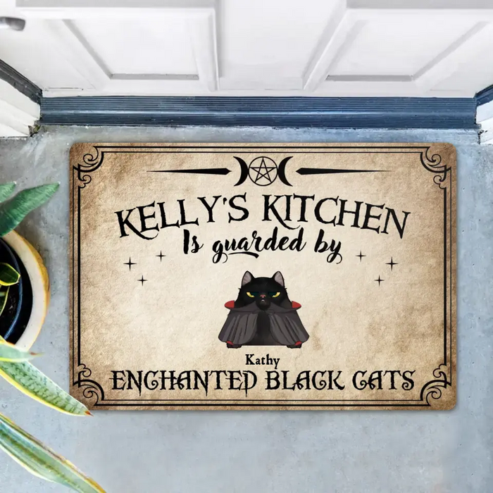 Custom Personalized Cat Doormat - Halloween Gift Idea For Cat Lover - Upto 7 Cats - Witch's Kitchen Is Guarded By Enchanted Black Cats