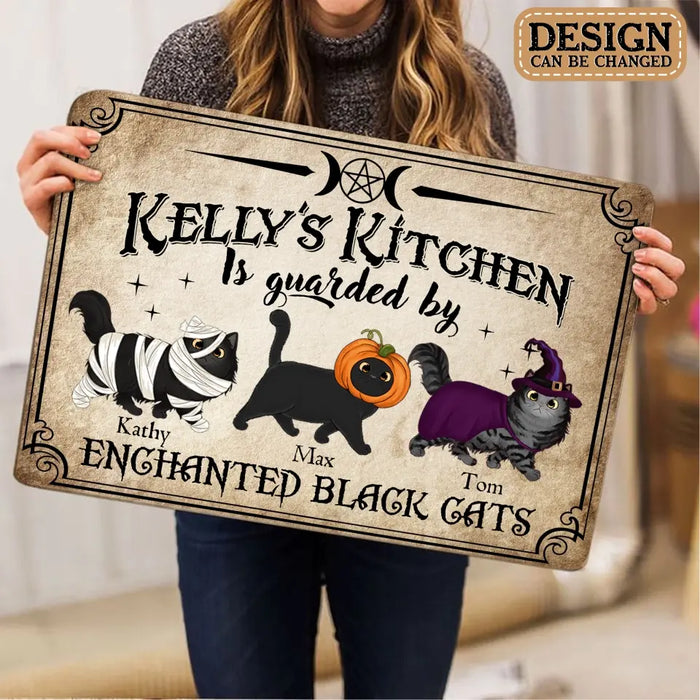 Custom Personalized Cat Doormat - Halloween Gift Idea For Cat Lover - Upto 6 Cats - Witch's Kitchen Is Guarded By Enchanted Black Cats