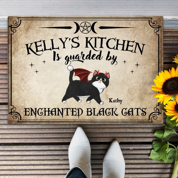 Custom Personalized Cat Doormat - Halloween Gift Idea For Cat Lover - Upto 6 Cats - Witch's Kitchen Is Guarded By Enchanted Black Cats