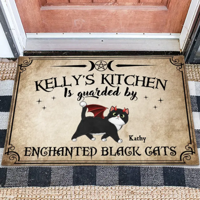 Custom Personalized Cat Doormat - Halloween Gift Idea For Cat Lover - Upto 6 Cats - Witch's Kitchen Is Guarded By Enchanted Black Cats