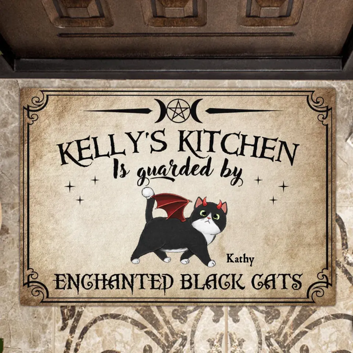 Custom Personalized Cat Doormat - Halloween Gift Idea For Cat Lover - Upto 6 Cats - Witch's Kitchen Is Guarded By Enchanted Black Cats