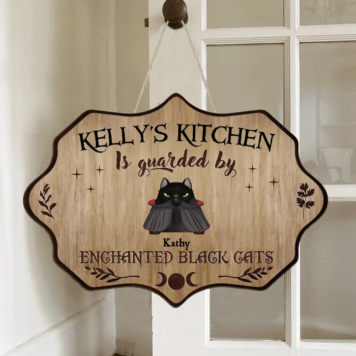 Custom Personalized Cat Wooden Sign - Halloween Gift Idea For Cat Lover - Upto 7 Cats - Witch's Kitchen Is Guarded By Enchanted Black Cats