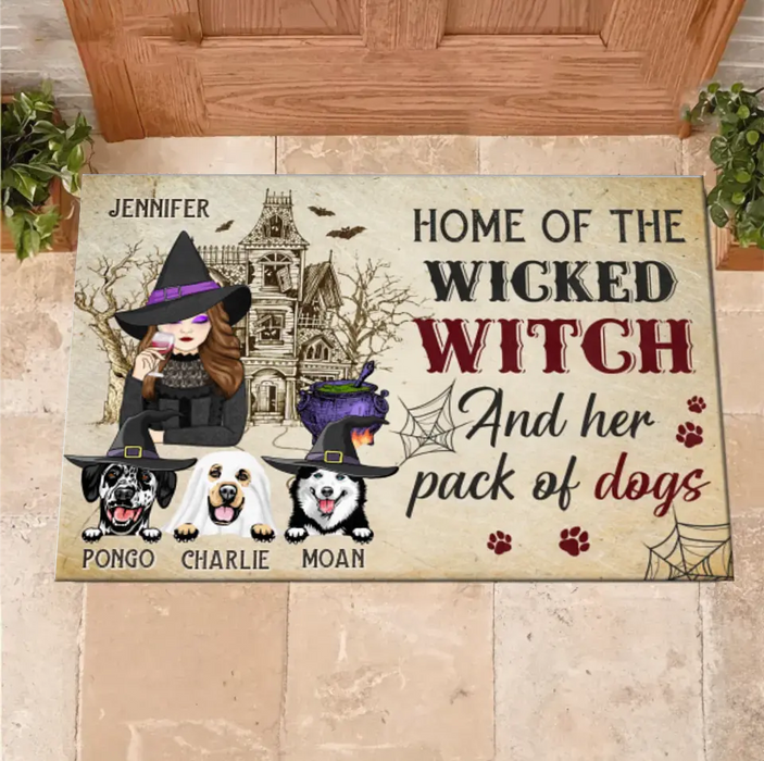 Custom Personalized Witch Dog Doormat - Gift Idea For Witch/ Halloween/ Dog Lovers with up to 3 Dogs - Home Of The Wicked Witch And Her Pack Of Dogs