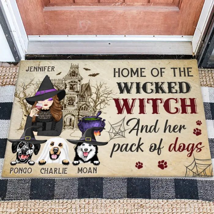 Custom Personalized Witch Dog Doormat - Gift Idea For Witch/ Halloween/ Dog Lovers with up to 3 Dogs - Home Of The Wicked Witch And Her Pack Of Dogs