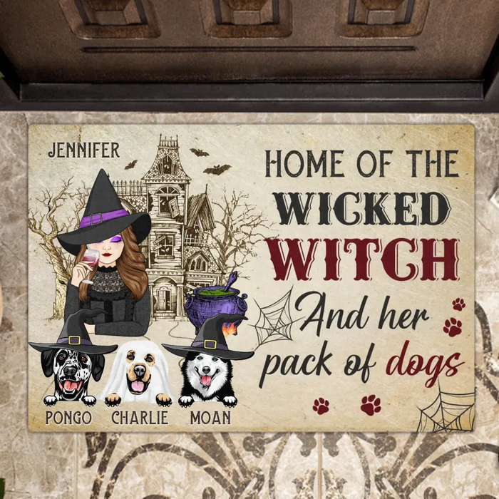 Custom Personalized Witch Dog Doormat - Gift Idea For Witch/ Halloween/ Dog Lovers with up to 3 Dogs - Home Of The Wicked Witch And Her Pack Of Dogs