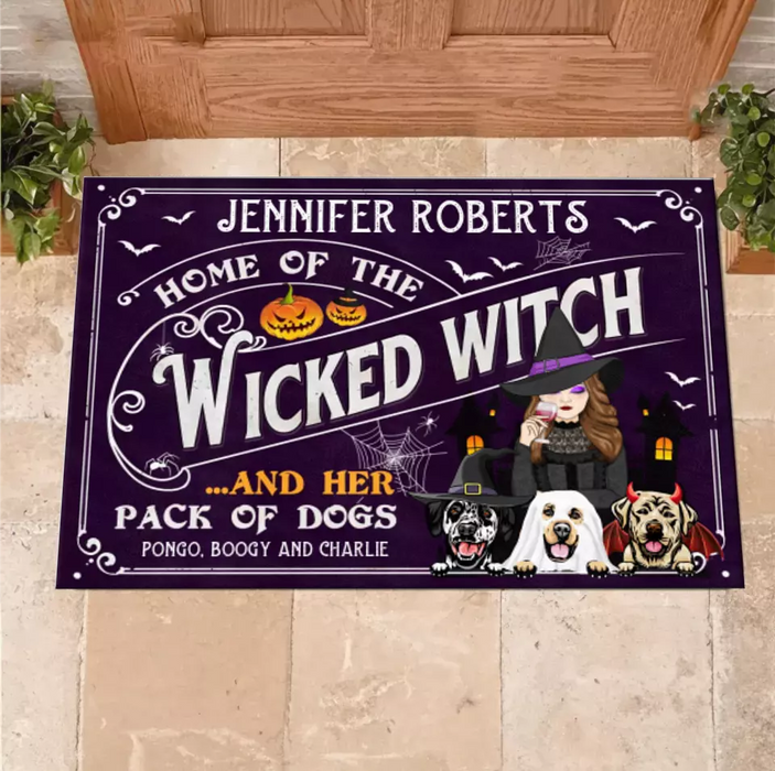 Custom Personalized Witch Dog Doormat - Gift Idea For Witch/ Halloween/ Dog Lovers With Up To 3 Dogs - Home Of The Wicked Witch And Her Pack Of Dogs