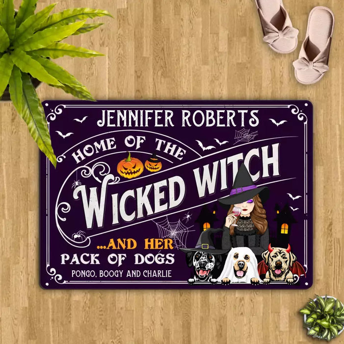 Custom Personalized Witch Dog Doormat - Gift Idea For Witch/ Halloween/ Dog Lovers With Up To 3 Dogs - Home Of The Wicked Witch And Her Pack Of Dogs