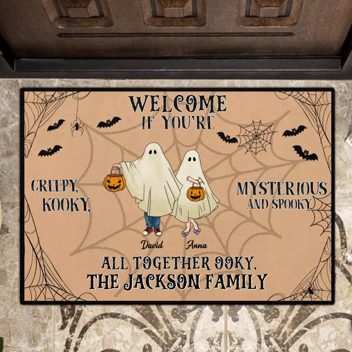 Custom Personalized Family Doormat - Halloween Gift Idea For Couple/ Family/ Pet Lover - Couple/ Parents With Up to 5 Kids And 3 Pets - Welcome If You're Creepy, Kooky