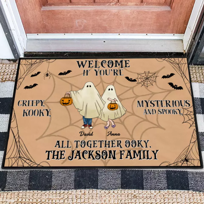 Custom Personalized Family Doormat - Halloween Gift Idea For Couple/ Family/ Pet Lover - Couple/ Parents With Up to 5 Kids And 3 Pets - Welcome If You're Creepy, Kooky