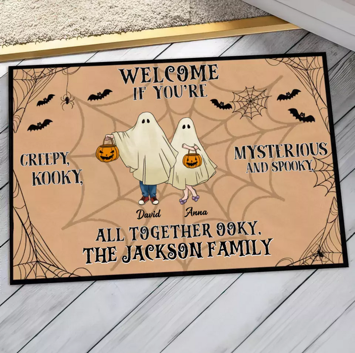 Custom Personalized Family Doormat - Halloween Gift Idea For Couple/ Family/ Pet Lover - Couple/ Parents With Up to 5 Kids And 3 Pets - Welcome If You're Creepy, Kooky